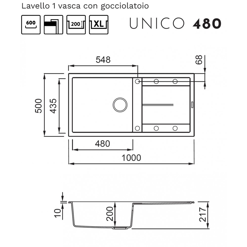 Diagramma di un lavello con dimensioni. Vista dall'alto e laterale.