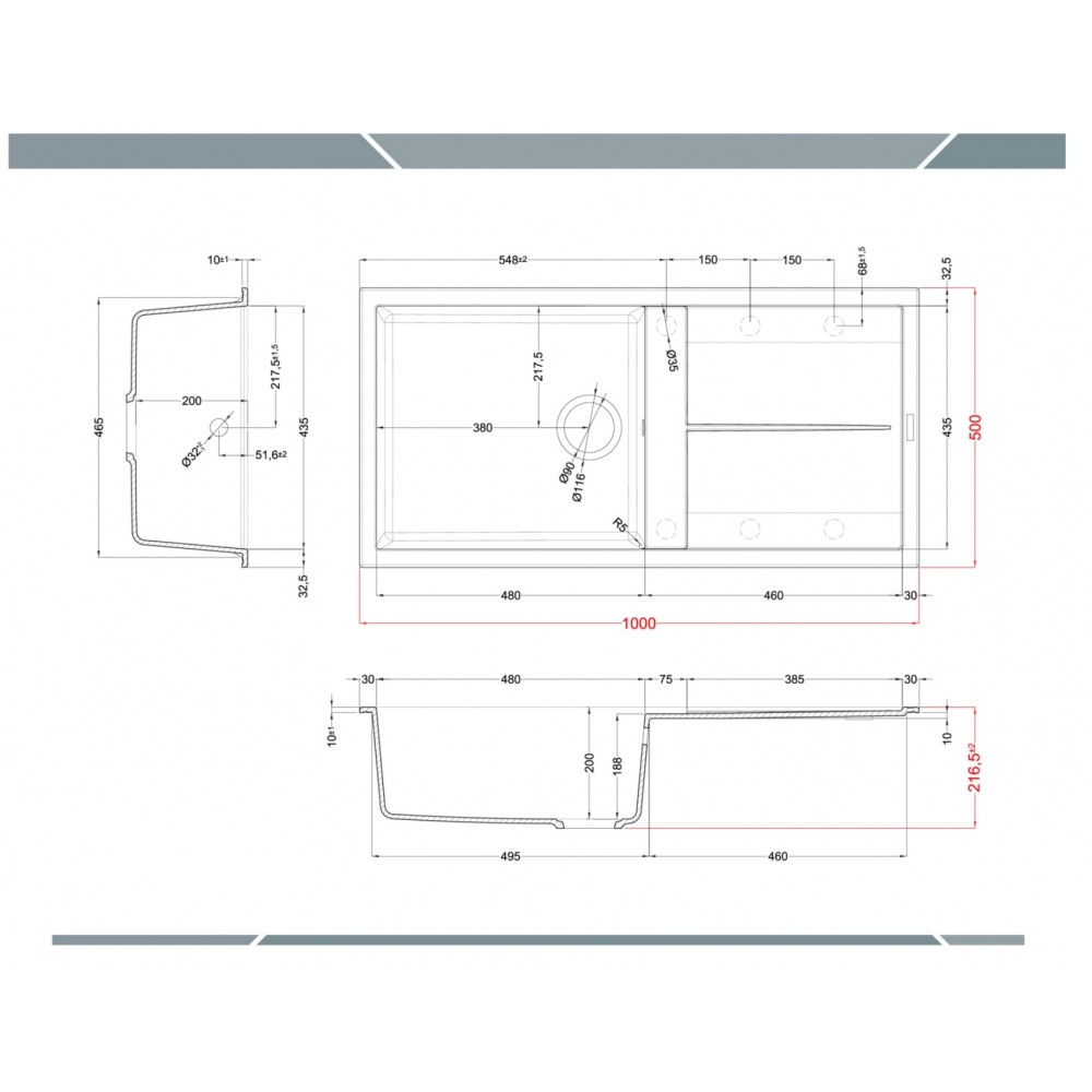 Disegno tecnico di un lavello con dimensioni. Viste dall'alto e laterali mostrate.