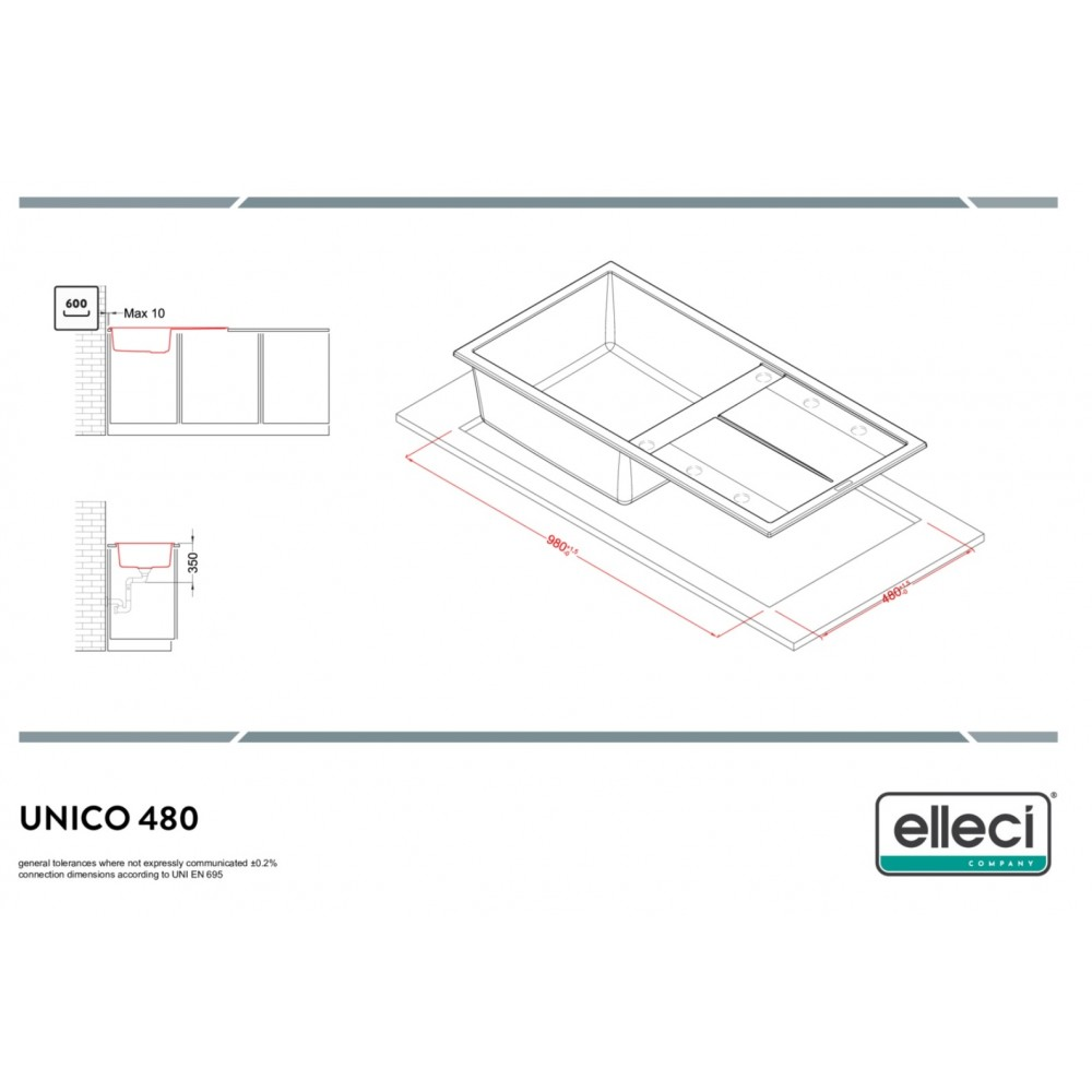Disegno tecnico di un lavello da 980x480mm e profondità 350mm.