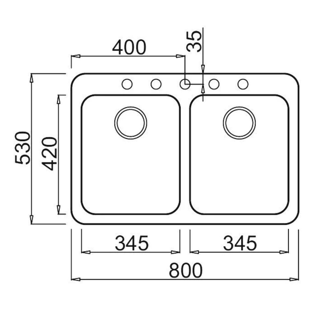 Disegno tecnico di un lavello doppio con dimensioni.