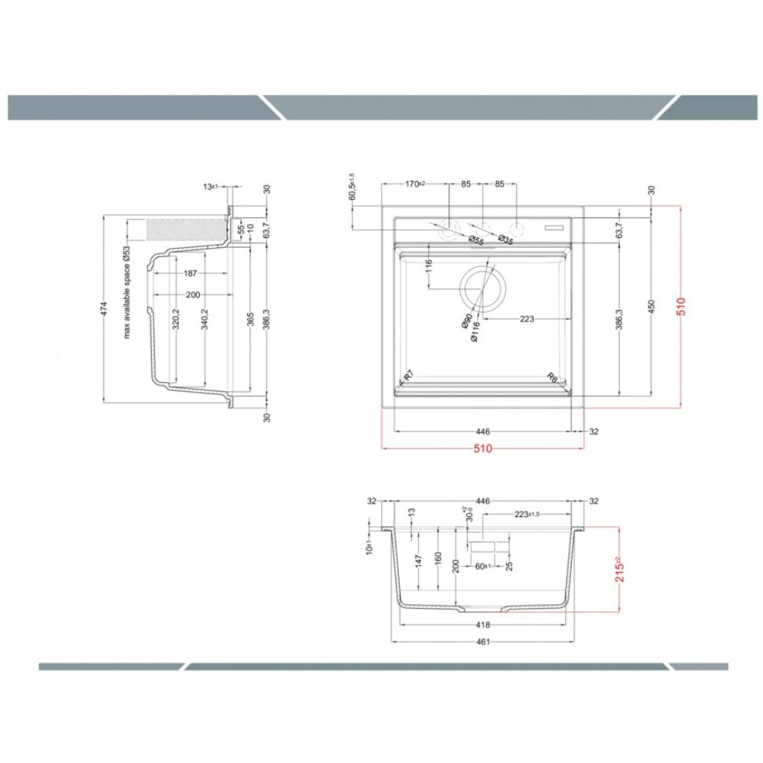 Disegno tecnico di un lavello con dimensioni e viste.