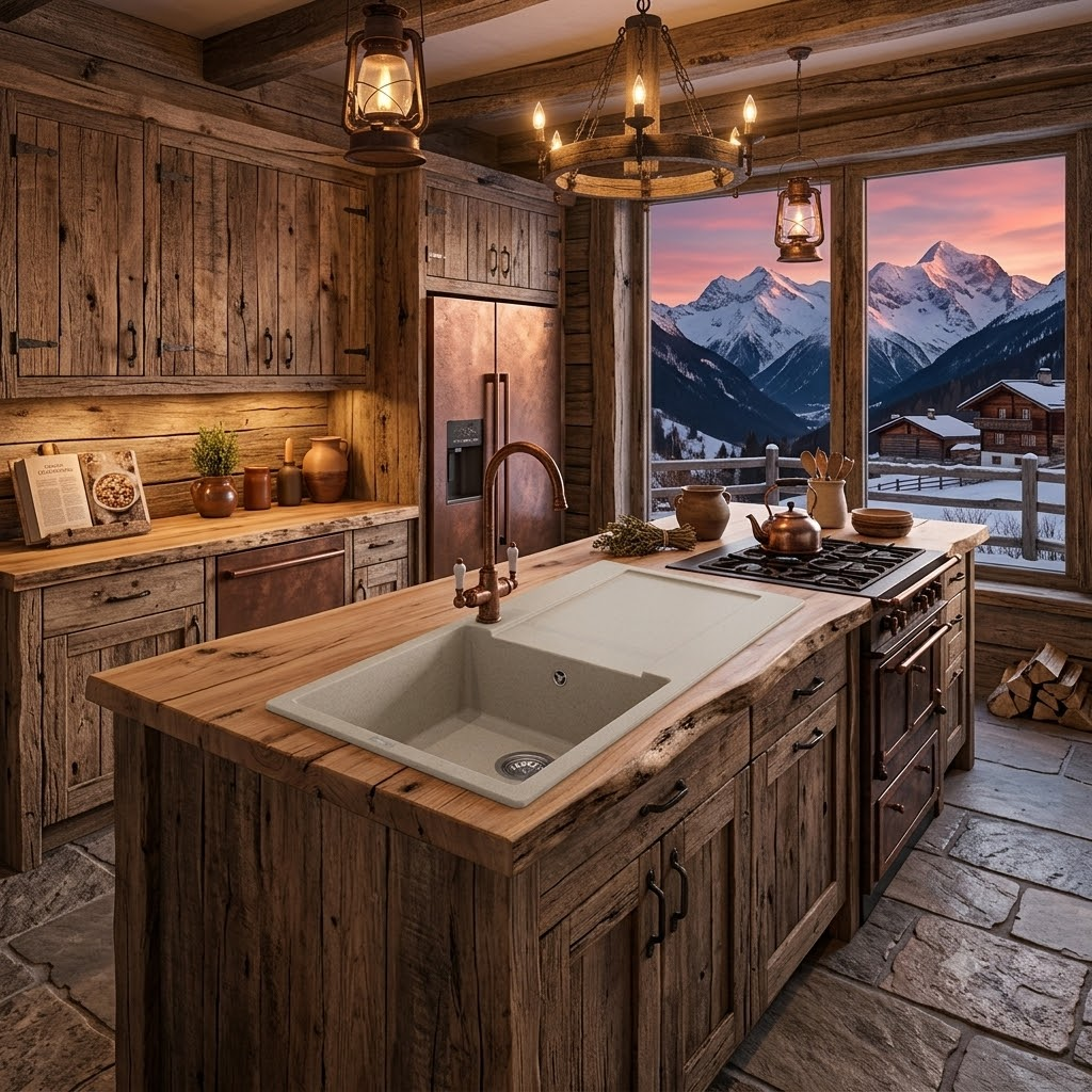 Accogliente cucina in baita con lavello, fornelli e vista sulle montagne al tramonto.