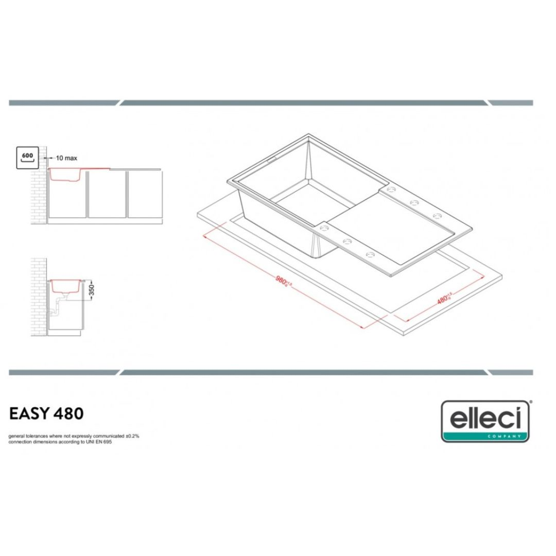 Disegno tecnico di un lavello da 980x480 mm.