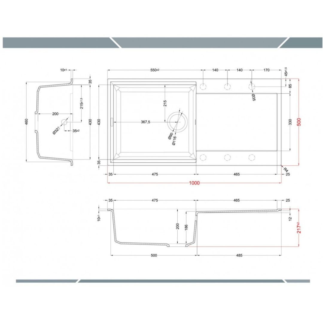 Disegno tecnico di un lavello con dimensioni e dettagli.