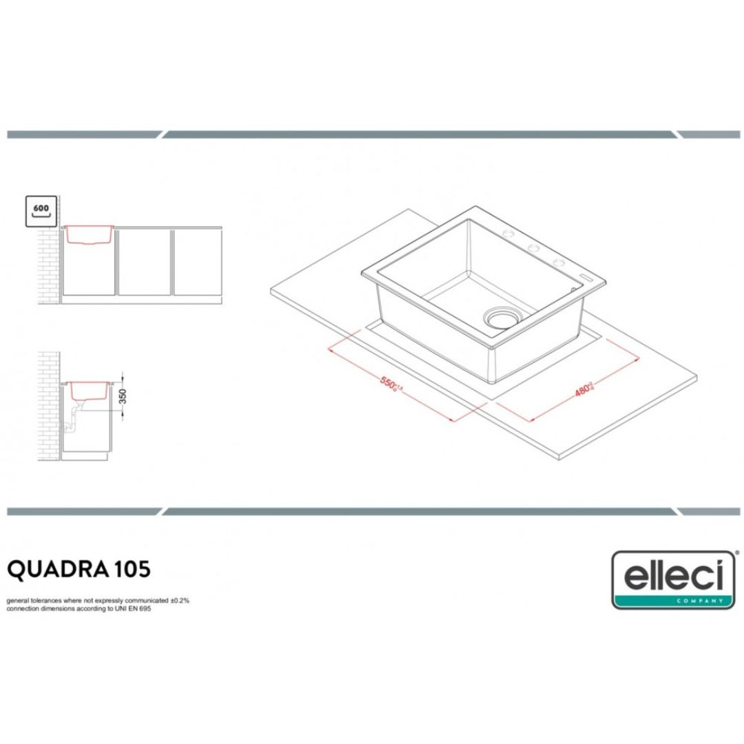 Disegno tecnico di un lavello rettangolare con dimensioni.