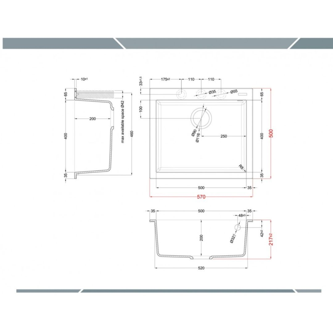 Disegno tecnico di un lavello con dimensioni e dettagli di installazione.
