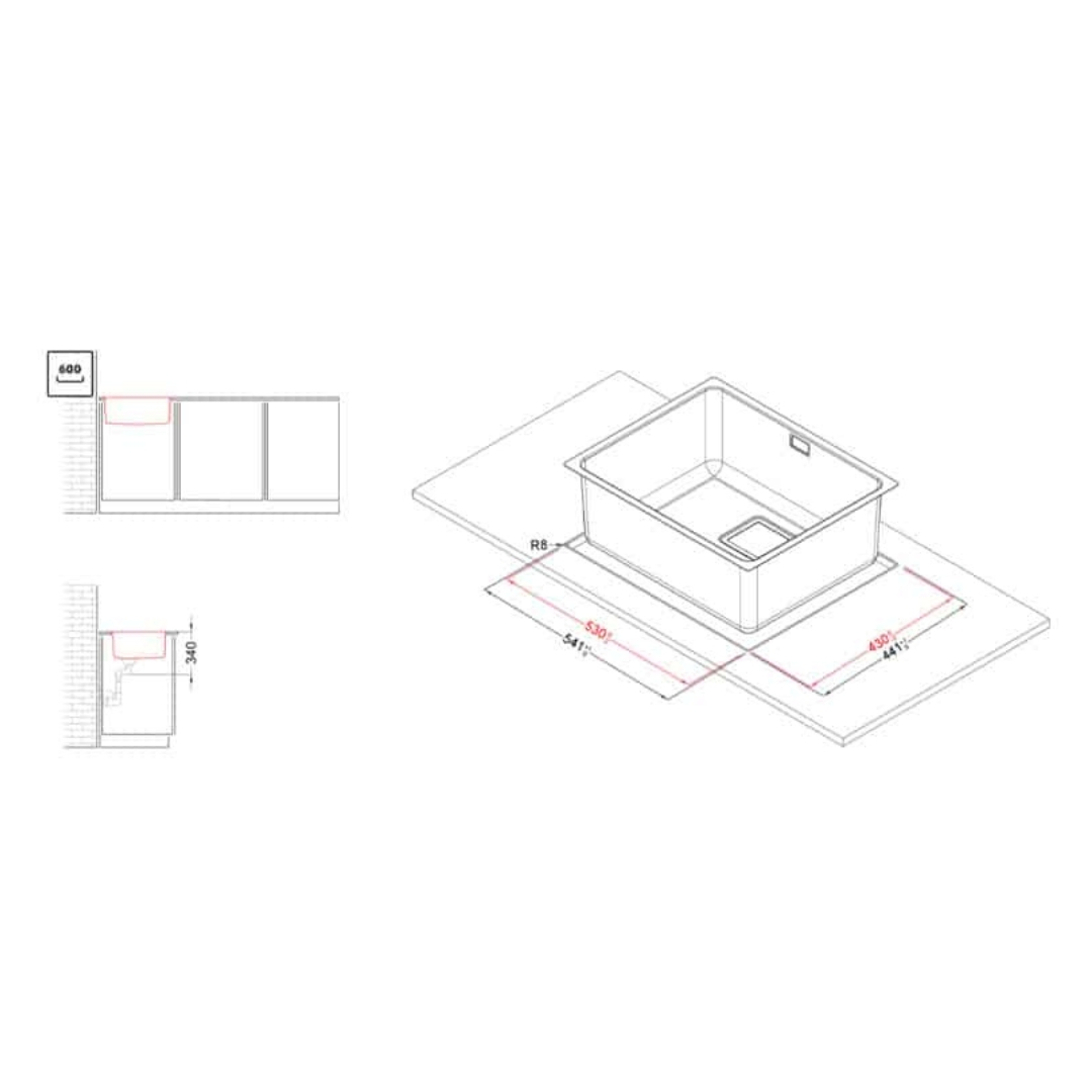 Disegno tecnico di un lavello con dimensioni e vista di installazione.