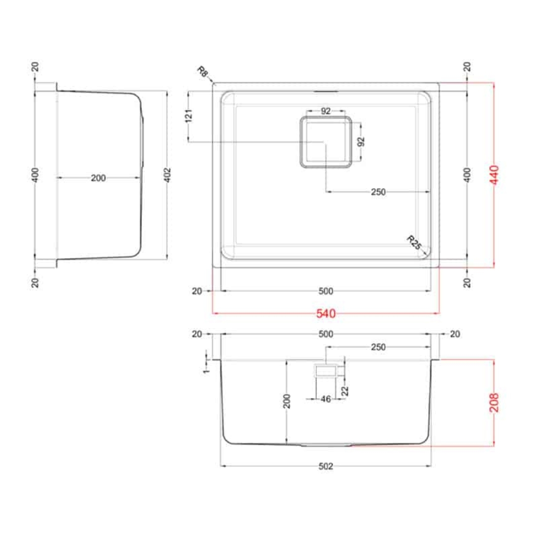 Disegno tecnico di un lavello con dimensioni.