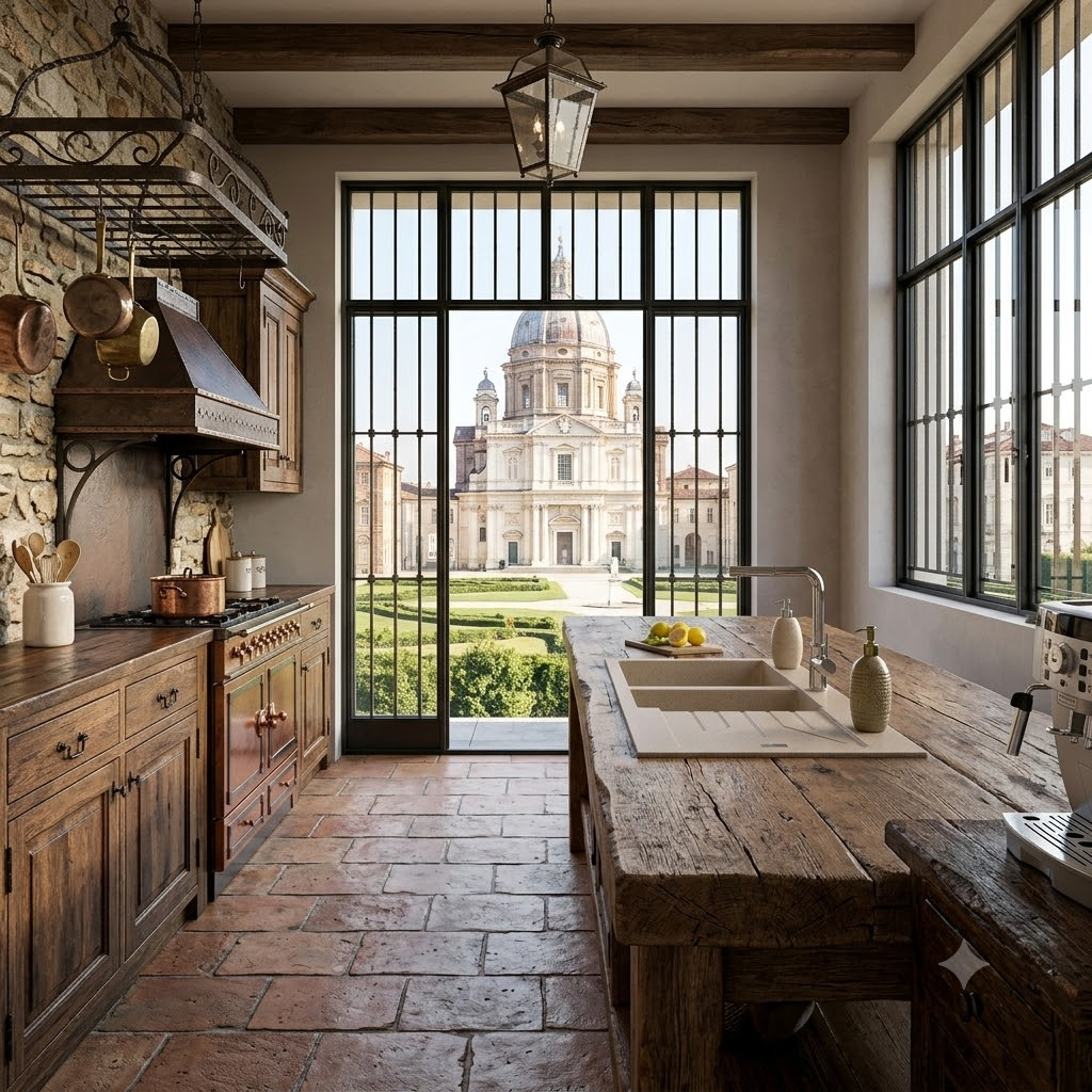 Cucina rustica con vista su edificio barocco. Elementi in legno, muro di pietra, lavello, macchina caffè.