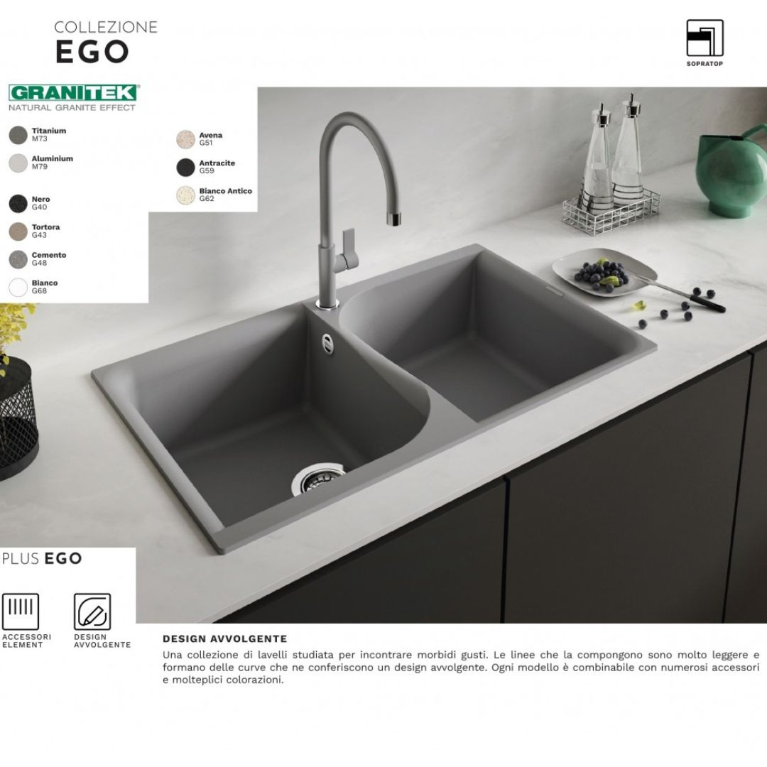 Un moderno lavello doppio grigio con rubinetto e sfondo elegante.