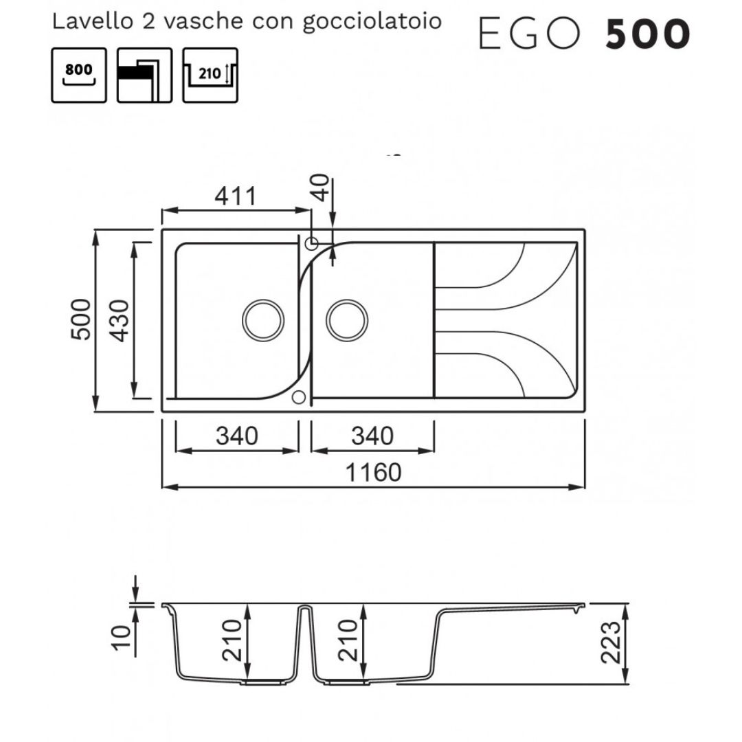 Disegno tecnico di un lavello a due vasche con gocciolatoio, misure in mm.