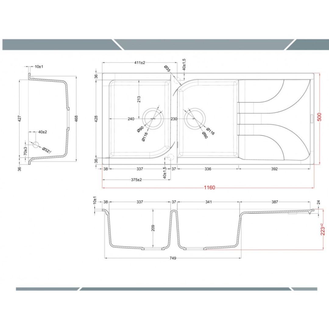 Disegno tecnico di un lavello doppio con dimensioni e specifiche.