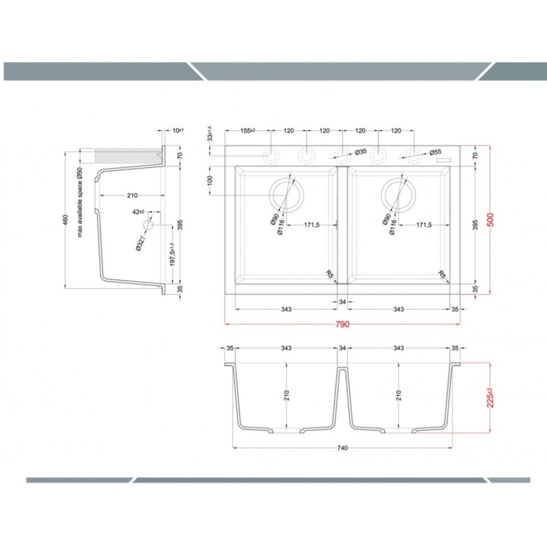 Disegno tecnico di un lavello a doppio scomparto con dimensioni e angoli.