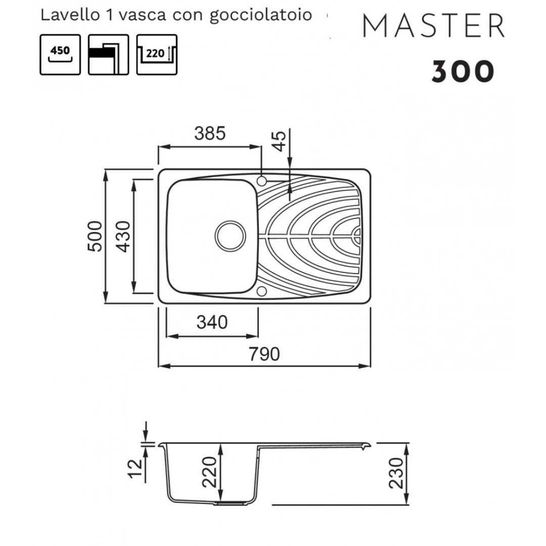 Disegno tecnico di un lavello singolo con gocciolatoio. Dimensioni in mm.