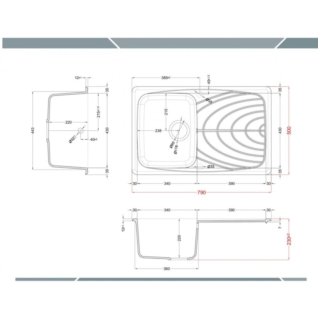 Disegno tecnico di un lavello con dimensioni e viste.