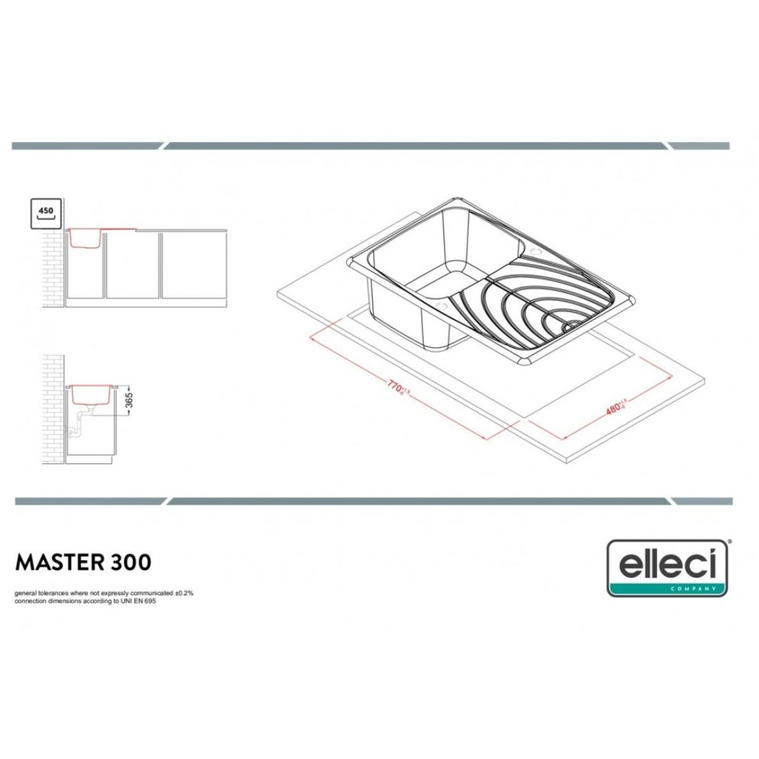 Disegno tecnico di un lavello con dimensioni. Mostra vista dall'alto e laterale.