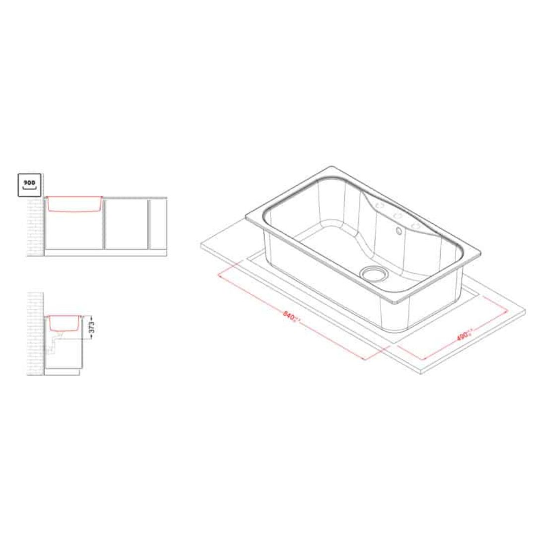 Disegno tecnico di un lavello da 840x490mm.