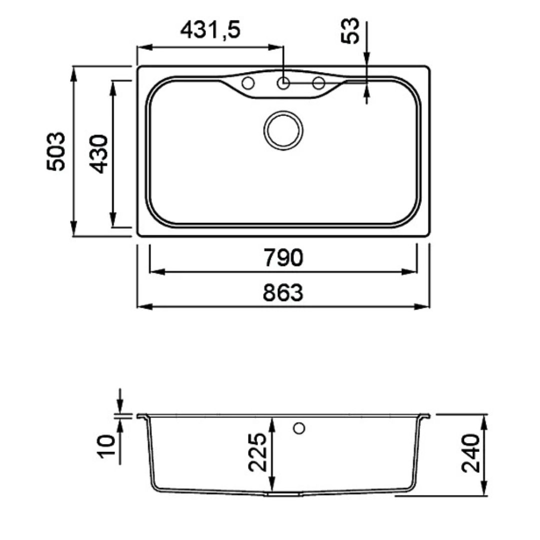 Disegno tecnico di un lavello con dimensioni in mm.