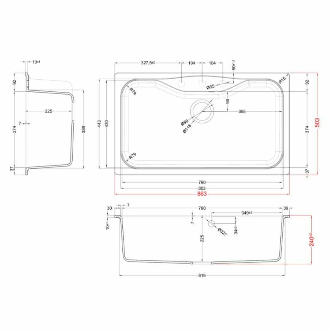 Disegno tecnico di un lavello con dimensioni in mm.