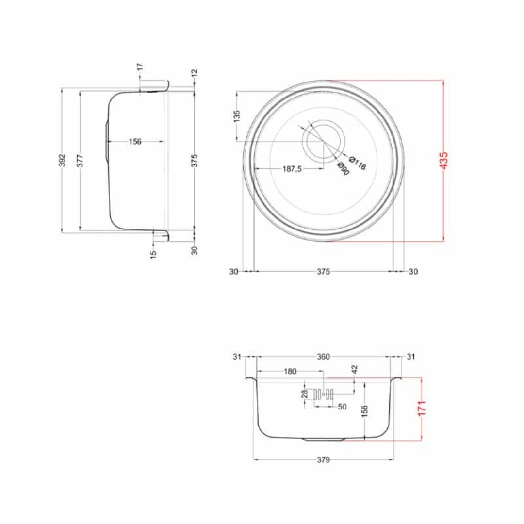 Disegno tecnico di un lavabo rotondo con dimensioni.