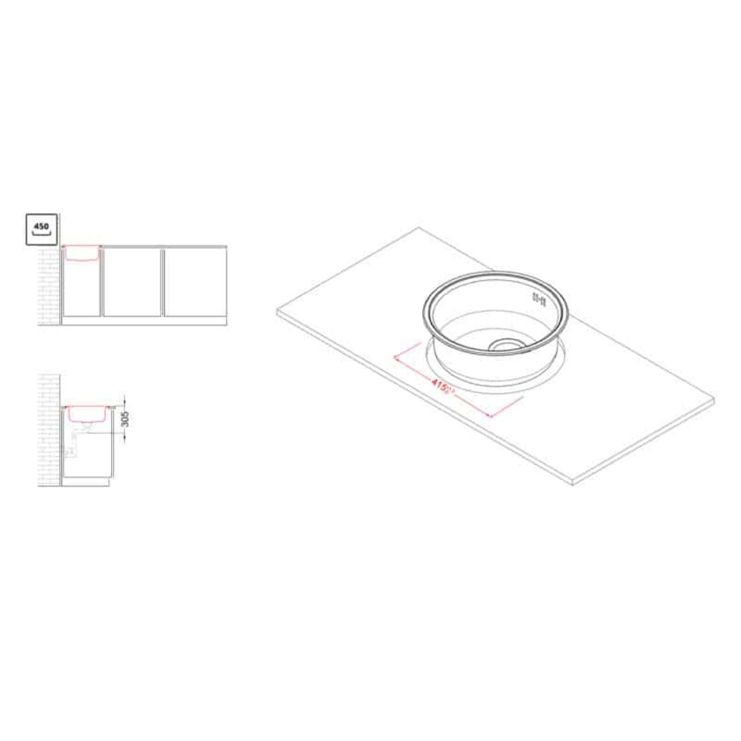 Disegno tecnico di un lavello con dimensioni su un piano di lavoro.