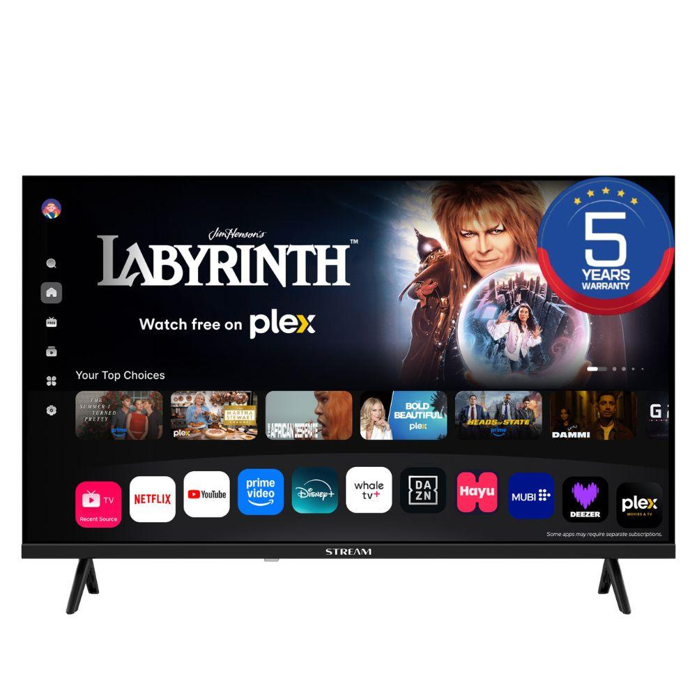 Un televisor moderno muestra la pantalla de inicio de Plex con la película Labyrinth e iconos de aplicaciones.
