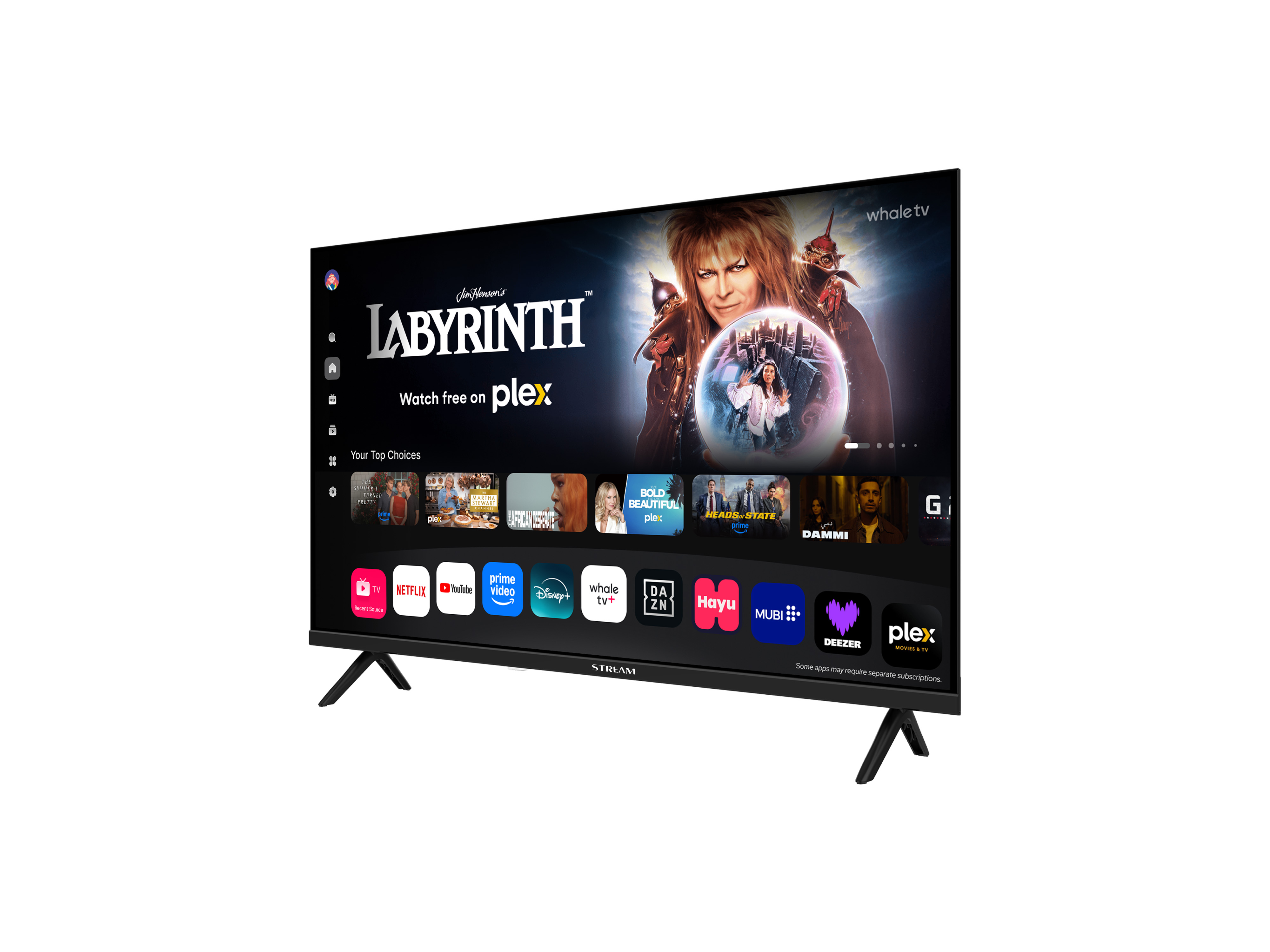 Un televisor moderno muestra la página de inicio de Plex con la película Labyrinth.