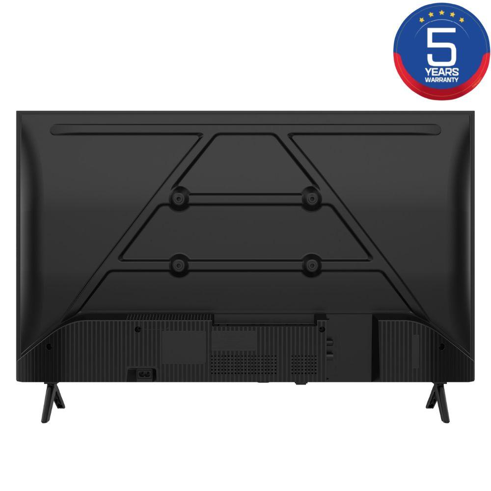 Parte trasera de un televisor negro con soportes y logo de 5 años de garantía.