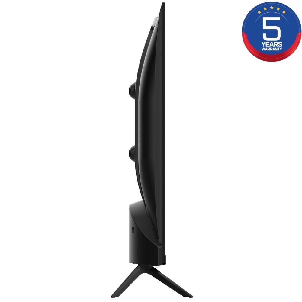 Televisor negro de perfil con logo de 5 años de garantía sobre fondo blanco.