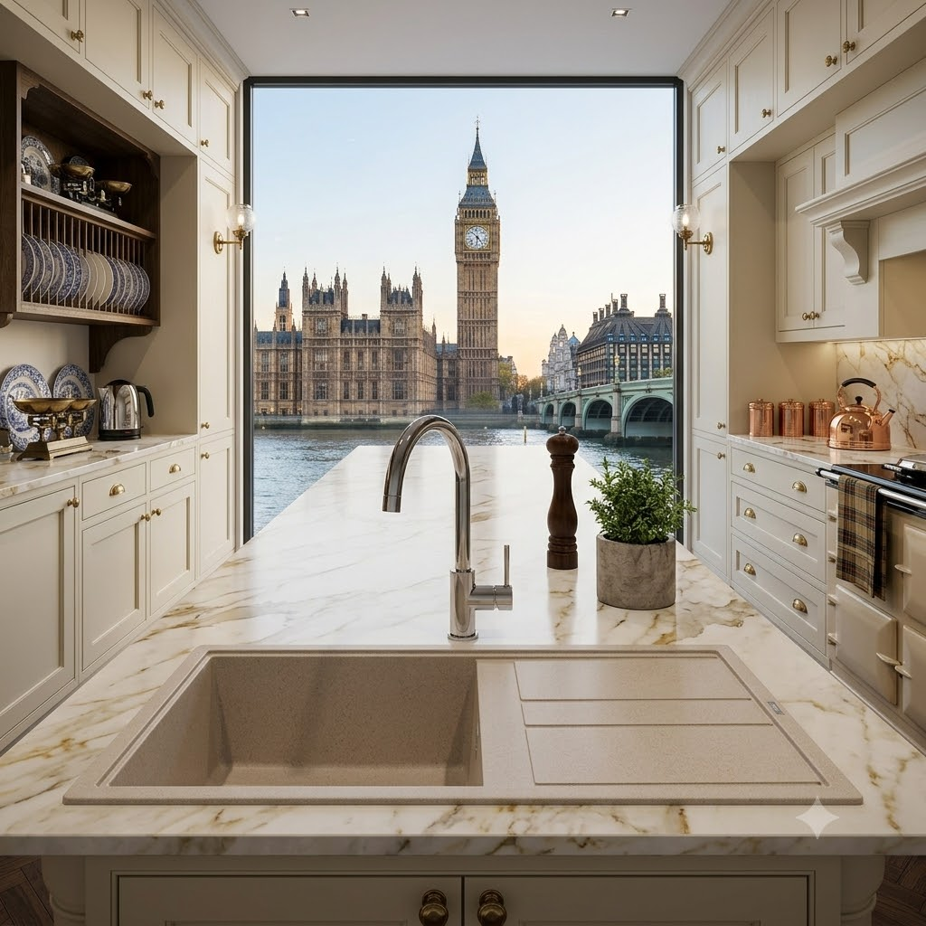 Cucina moderna con vista sul Big Ben e Houses of Parliament sul Tamigi.