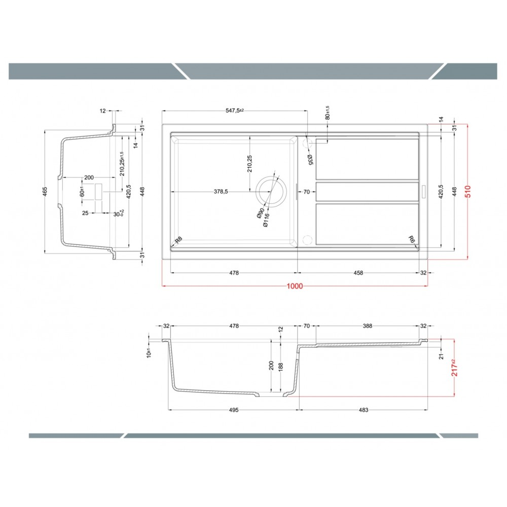 Disegno tecnico di un lavello con dimensioni e viste.