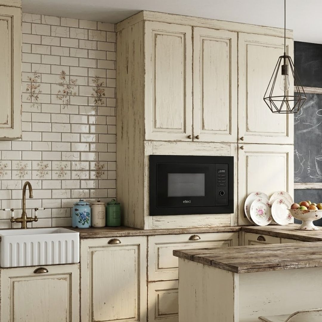 Una cucina rustica con mobili color crema, un lavello bianco e un microonde da incasso.