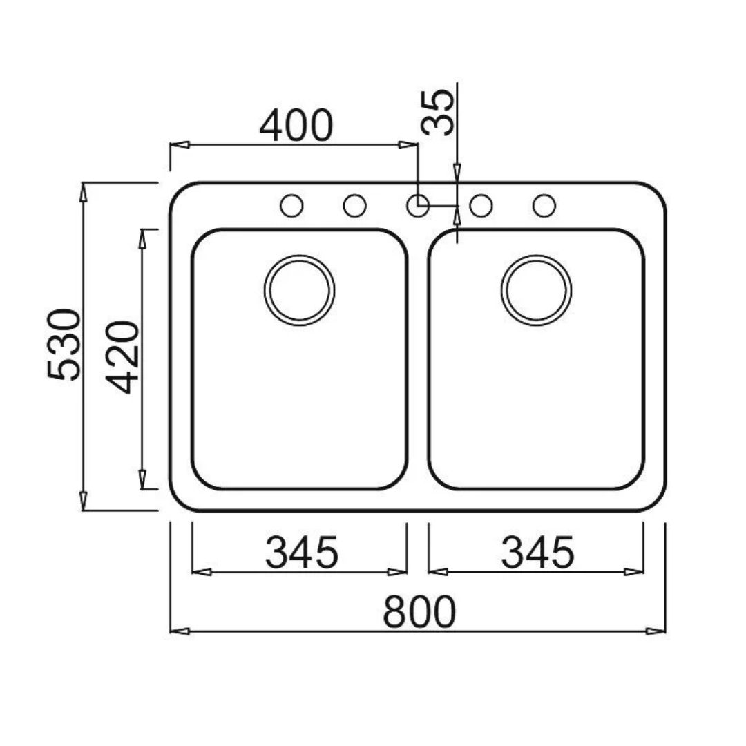 Disegno tecnico di un lavello doppio con dimensioni.