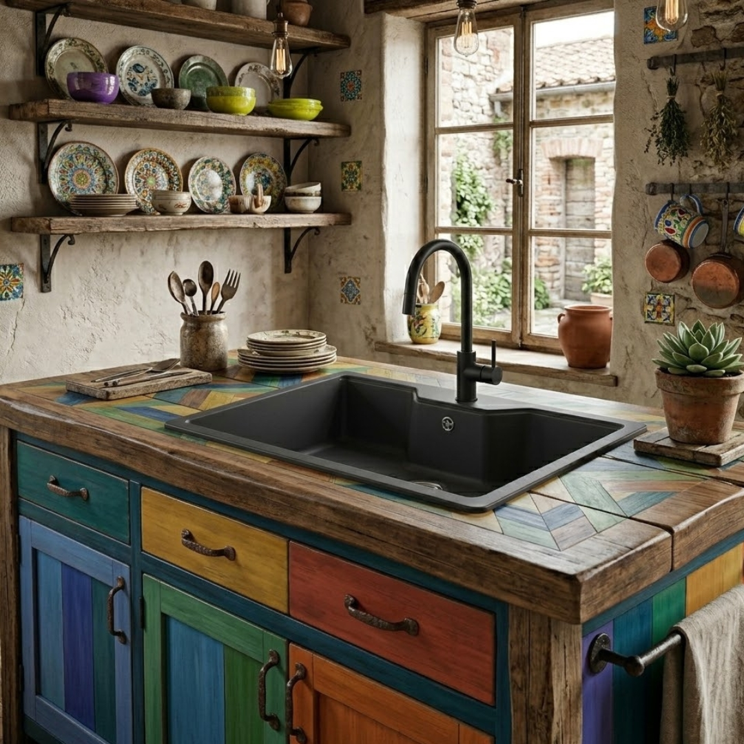 Una cucina rustica con un mobile colorato, lavello nero e mensole con piatti.