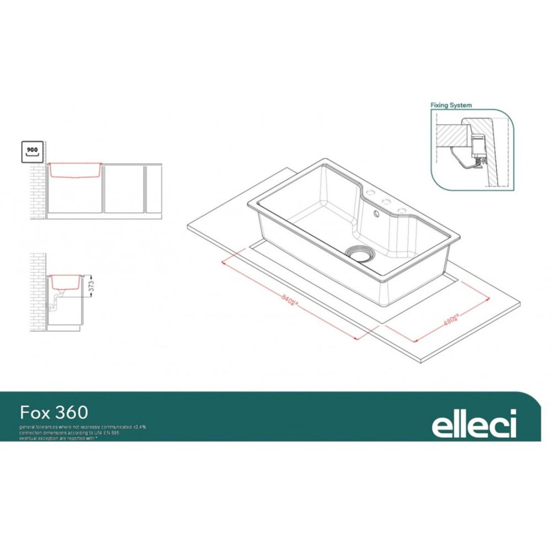Disegno tecnico di un lavello con dimensioni e sistema di fissaggio.