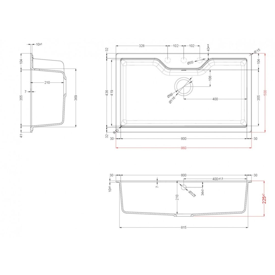 Disegni tecnici di un lavello con dimensioni e specifiche.