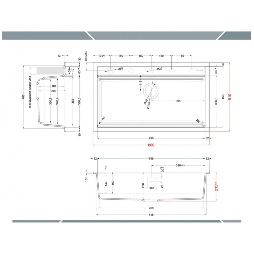 Disegno tecnico di un lavello con dimensioni. Viste dall'alto e viste laterali mostrate.