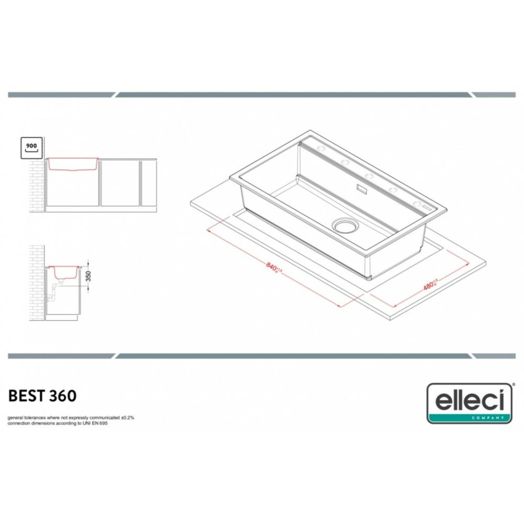 Disegno tecnico di un lavello, dimensioni 840x480mm, profondità 350mm.