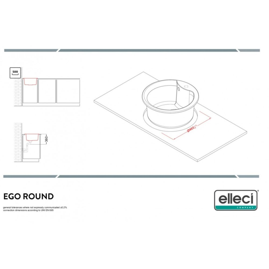 Disegno tecnico di un lavello rotondo con dimensioni.