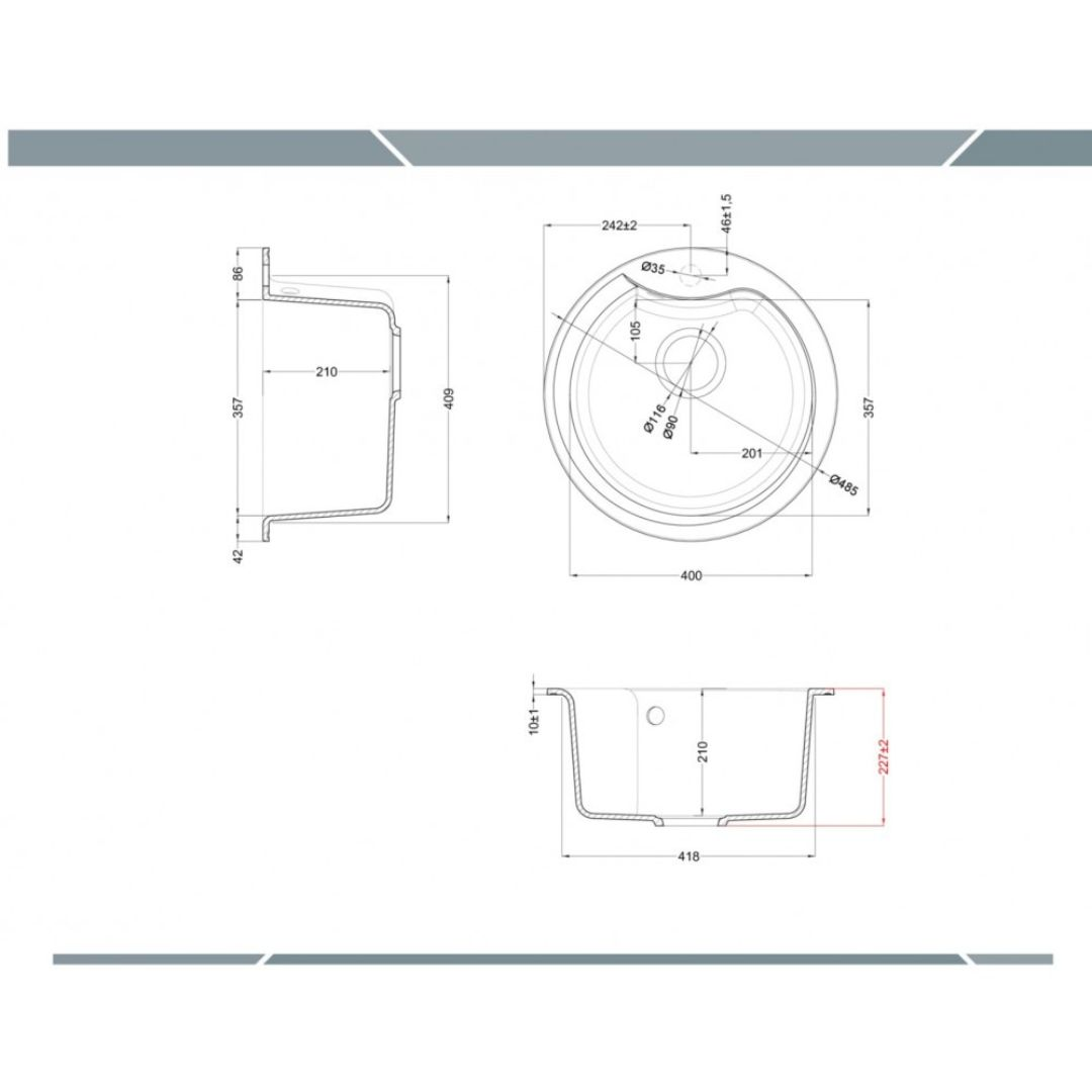Disegno tecnico di un lavandino con dimensioni e viste.