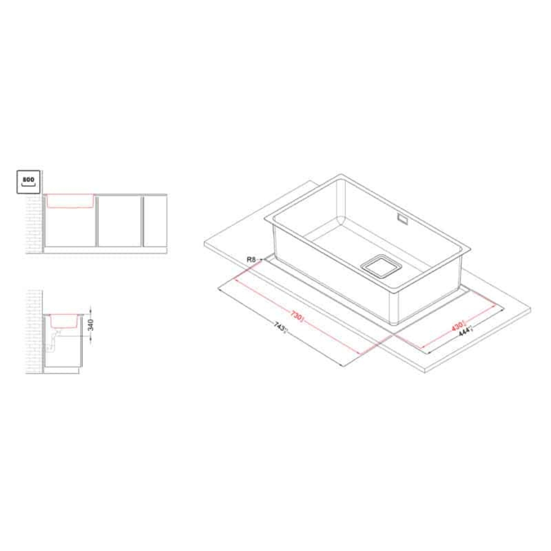 Disegno tecnico di un lavello con dimensioni.