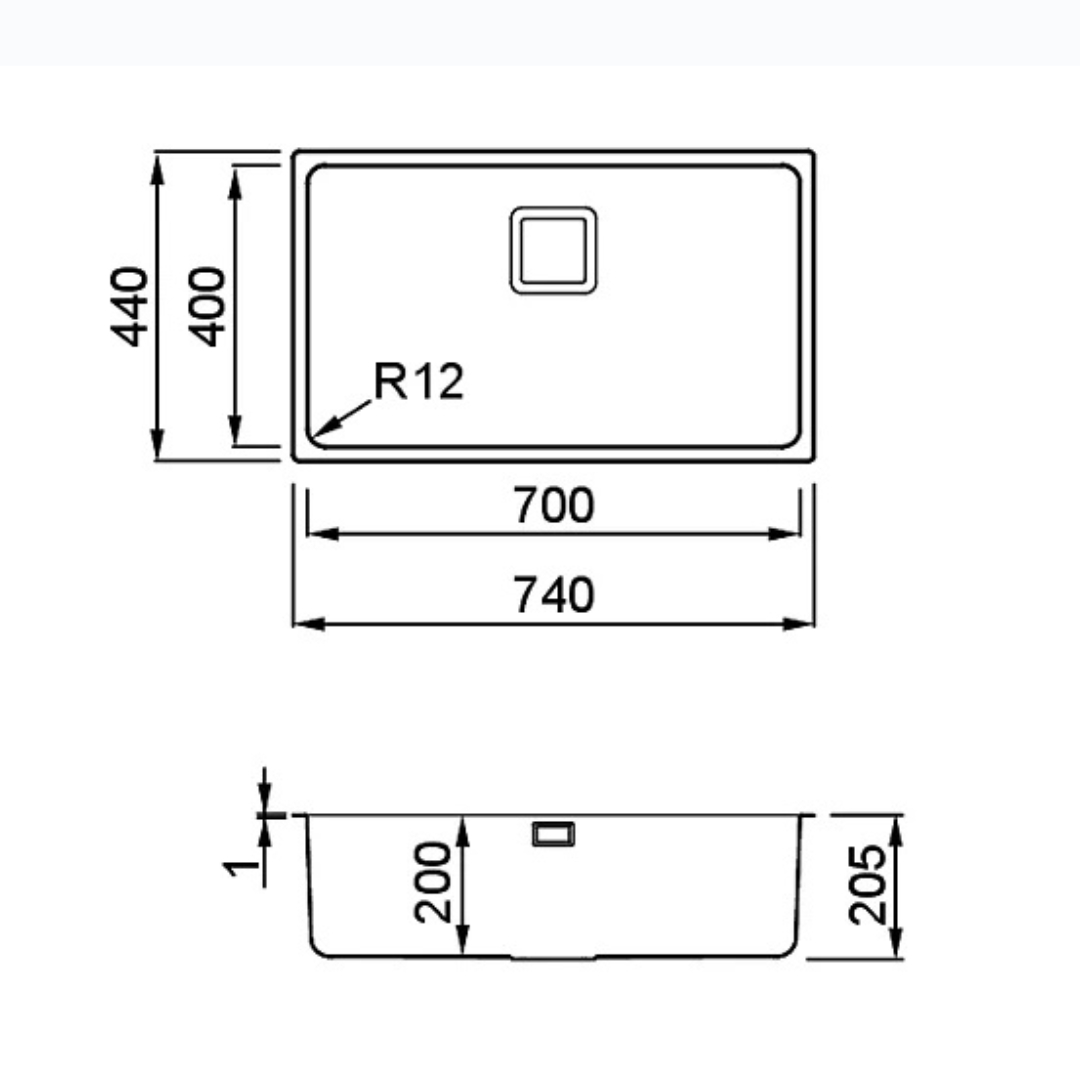 Disegno tecnico di un lavello con dimensioni in mm. Sopra: 740x440 mm, profondità 205 mm.