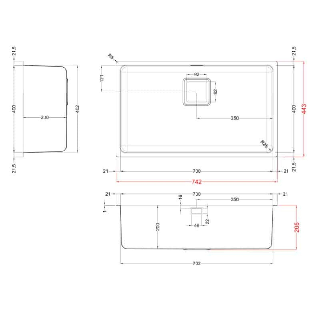 Disegno tecnico di un lavello con dimensioni in mm. Viste dall'alto e laterali.