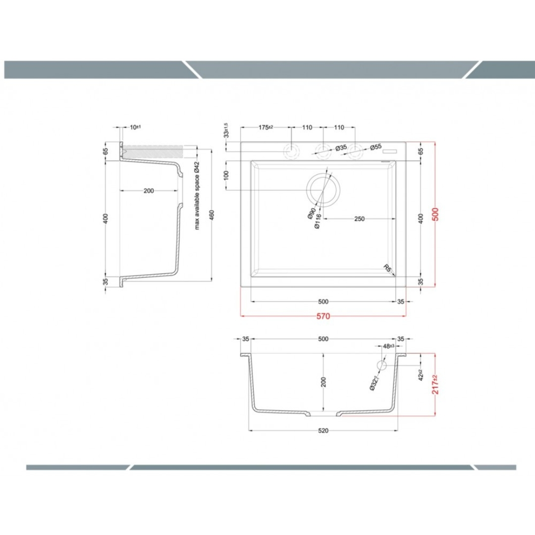 Disegno tecnico di un lavello con dimensioni e viste.