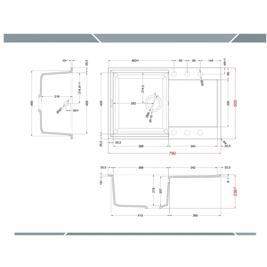 Disegno tecnico di un lavello con dimensioni e viste.