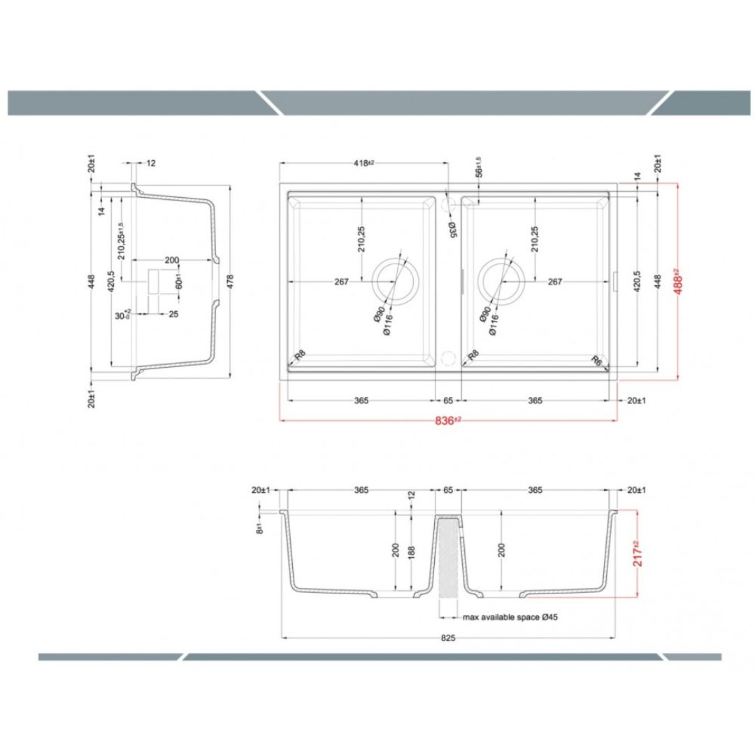 Disegno tecnico di un lavello doppio con dimensioni.