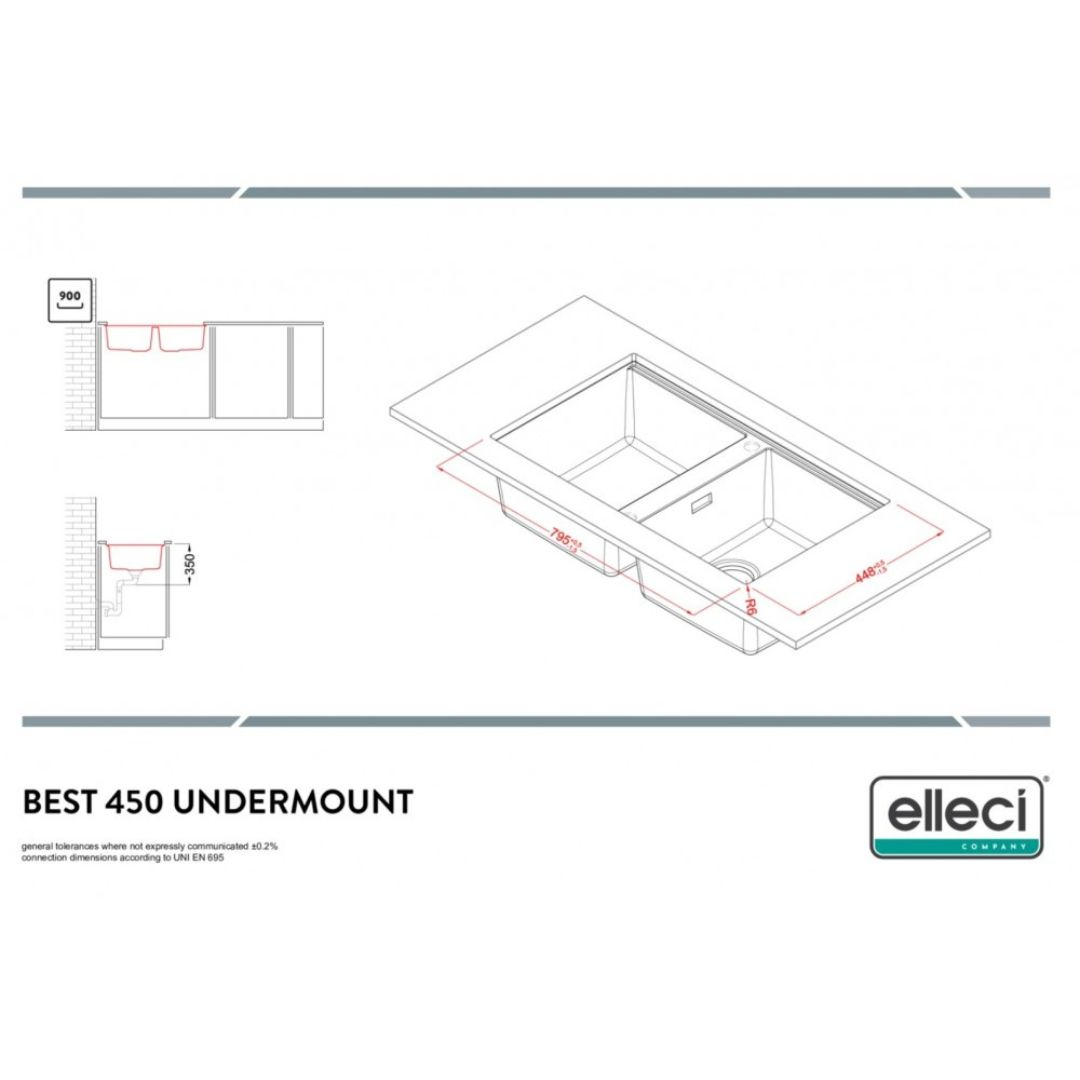 Disegno tecnico di un lavello doppio con dimensioni e logo.