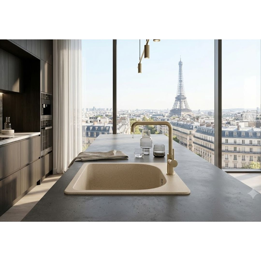 Cucina moderna con lavello e rubinetto, affacciata su Parigi e la Torre Eiffel.