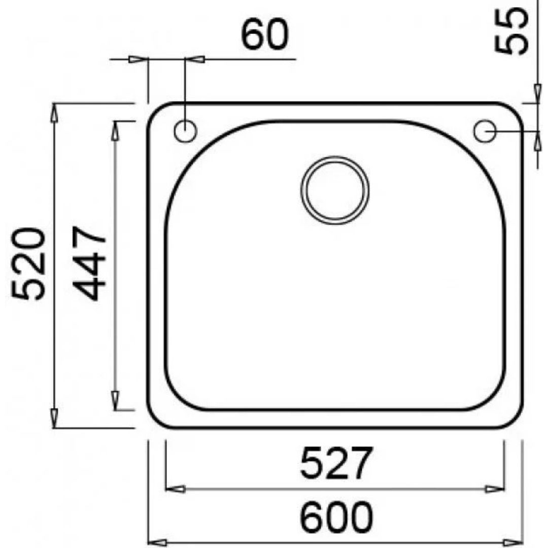 Disegno tecnico di un lavello rettangolare con dimensioni.