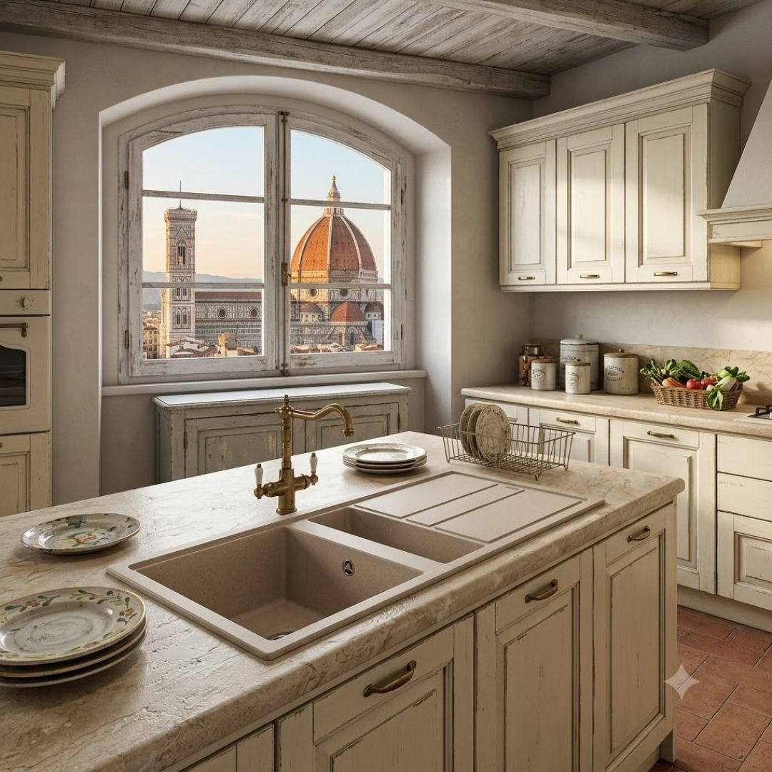 Cucina con vista sul Duomo di Firenze, lavello doppio e mobili rustici.